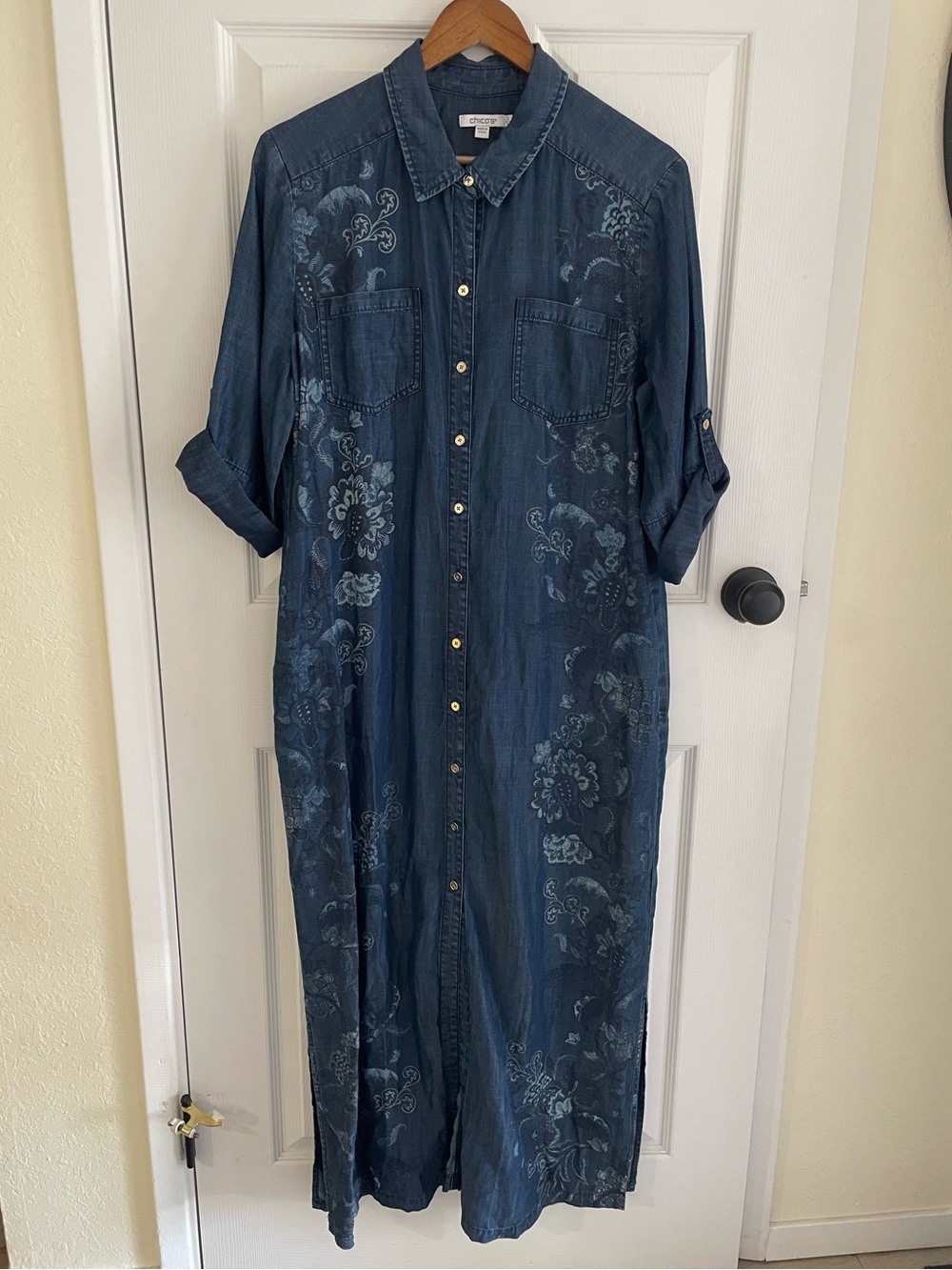 Floral Print Denim Maxi Dress Button Down Longline